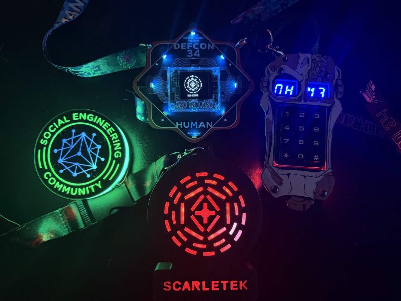 Scarletek's custom illuminated badge alongside other conference badges